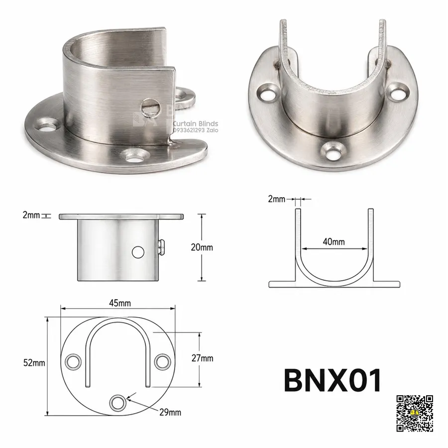 Bas thanh treo rèm cửa âm tường Trụ đỡ thanh treo rèm inox, thanh treo tủ đồ, thanh treo quần áo phi ống 25mm-7